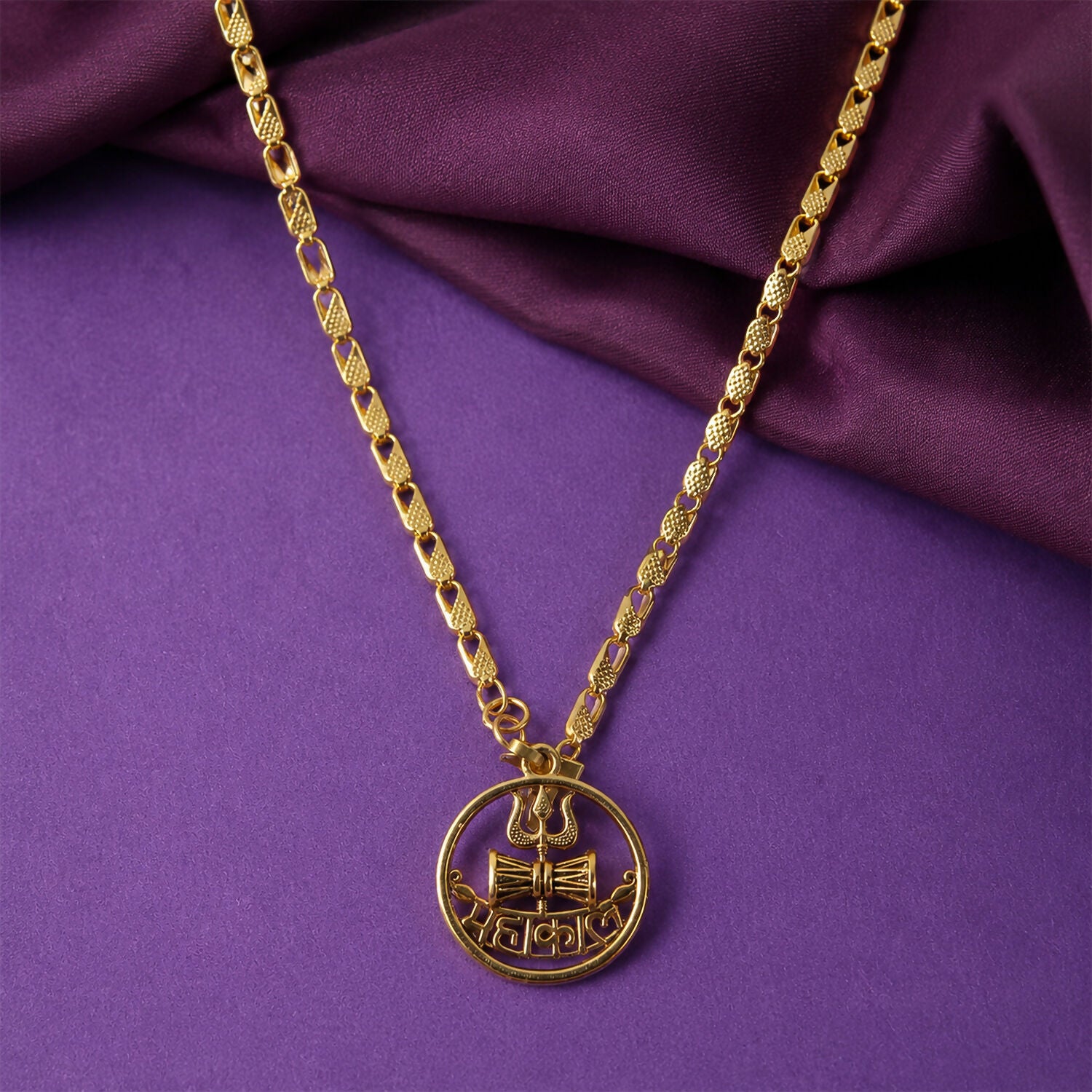 Gold Mahakal pendant with Trishul and Damru design on a stylish chain