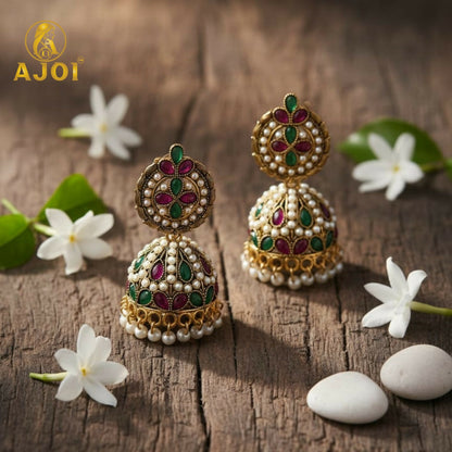 Exquisite Traditional Kundan Jhumka Earrings with Ruby & Emerald Stones, Handcrafted Gold-Tone Pearl Drop Bridal Jewelry