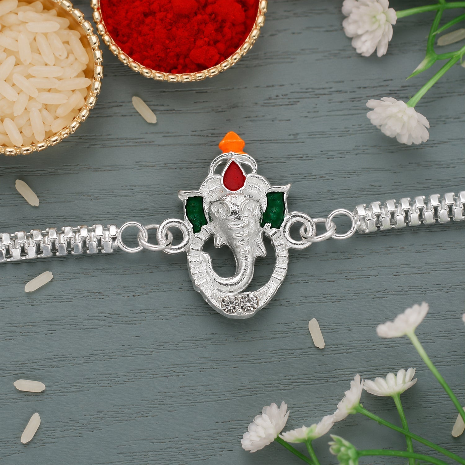 Ganesha Rakhi Stylish Enamel & Silver Chain for Brothers (10pcs)