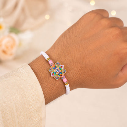 Floral Mandala Evil Eye Printed Pearl Beads Bhai Bhabhi Rakhi Set