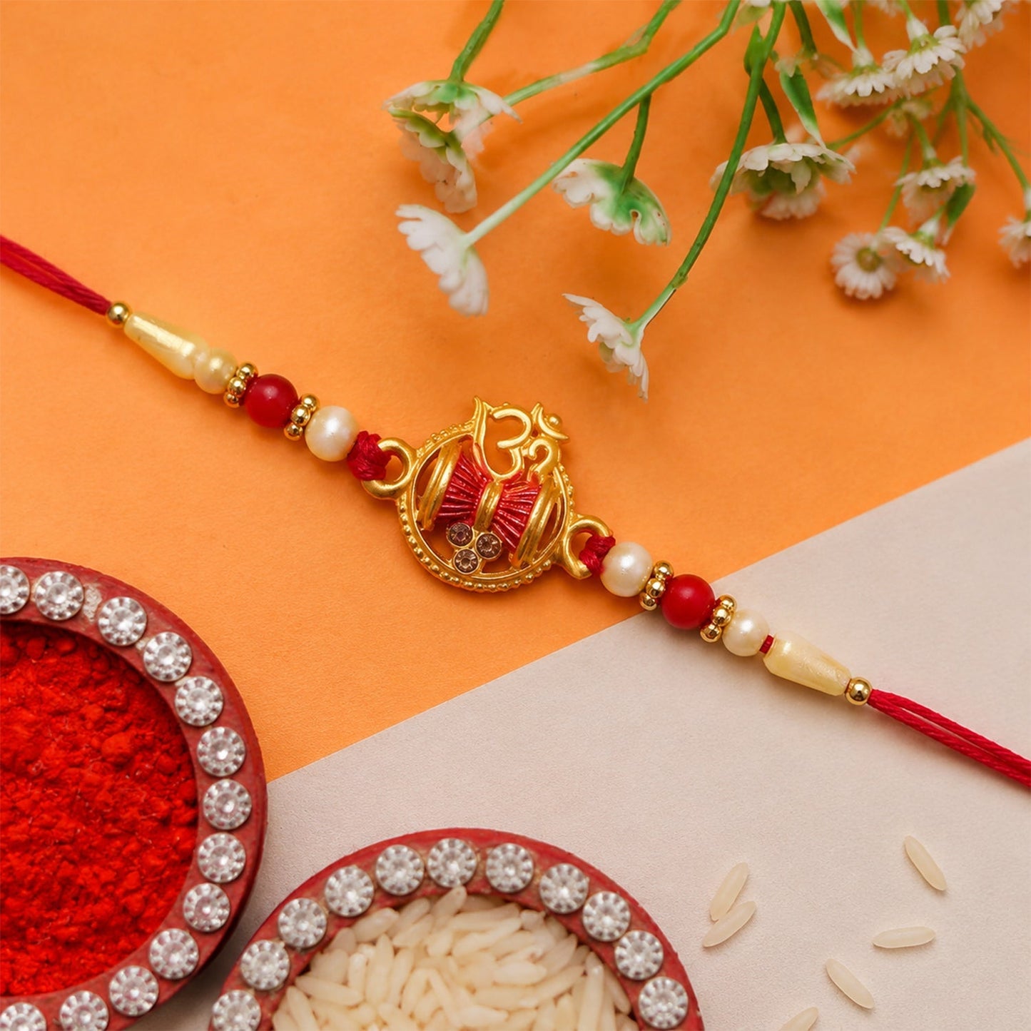 Rakhi Elegant Pearl Beads with Damaru Charm for Brothers (5pcs)