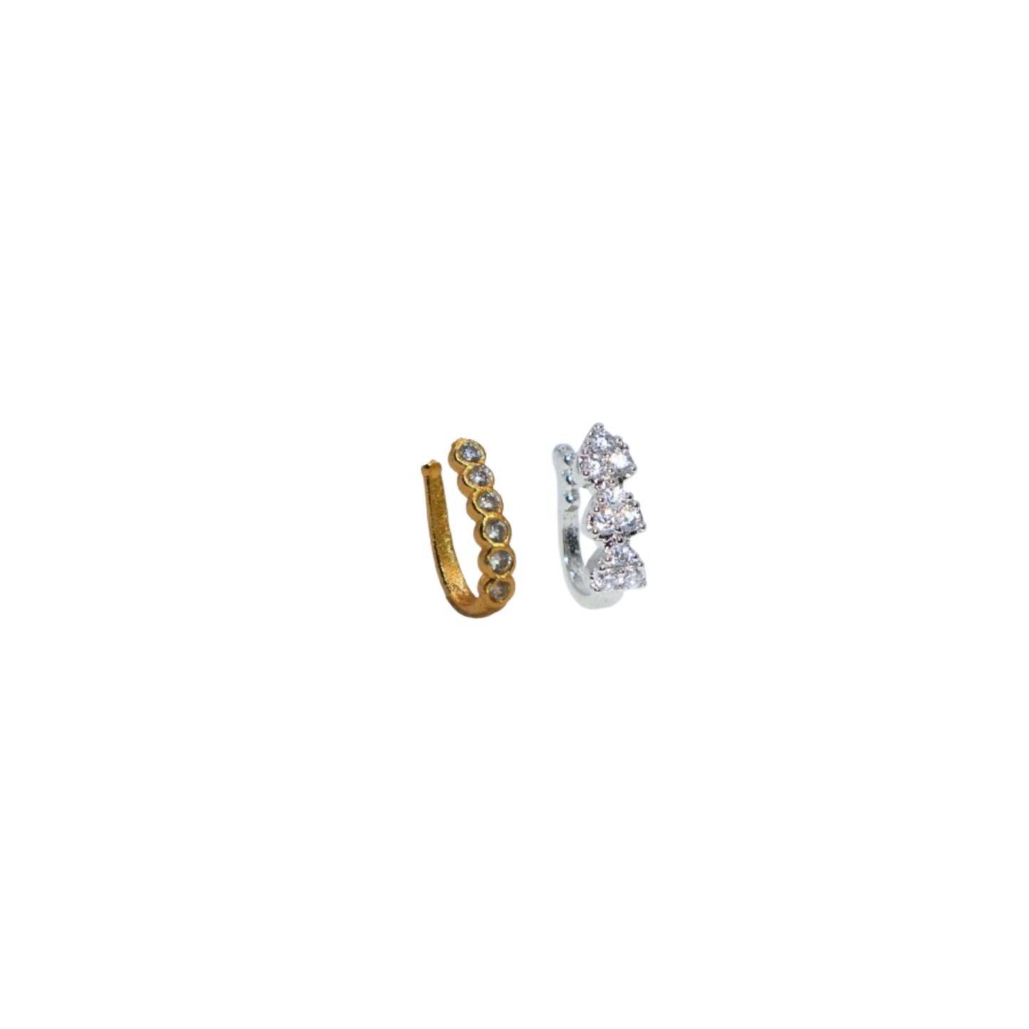 Close-up view of silver-tone cubic zirconia diamond nose clip with three stones