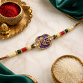 Shiv Text Pendant Rakhi with Purple Enamel and Kundan Stones