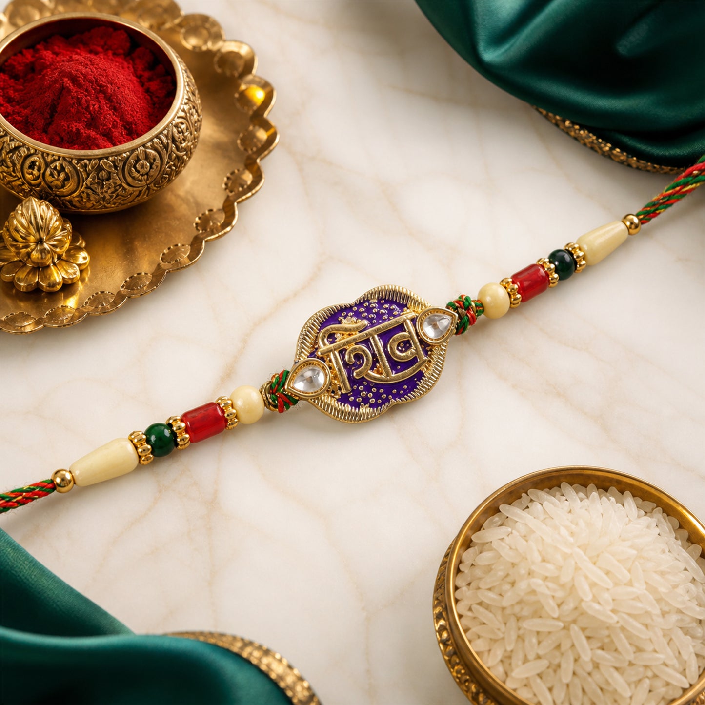 Shiv Text Pendant Rakhi with Purple Enamel and Kundan Stones
