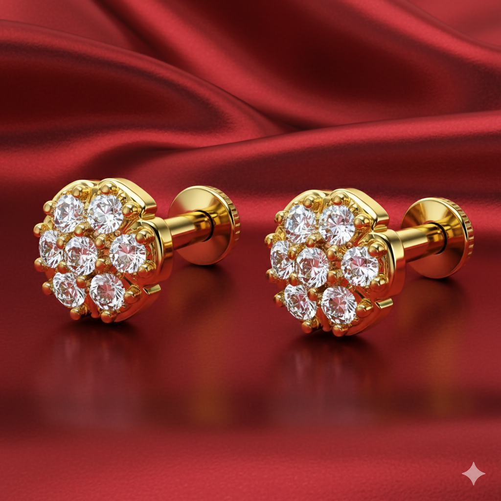 Gold plated cluster flat back stud earrings with floral cubic zirconia design