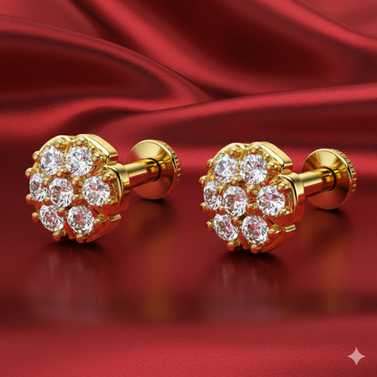 Gold plated cluster flat back stud earrings with floral cubic zirconia design