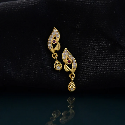 Stylish Leaf Pattern Gold Earrings with Stone Work & Drop Charm