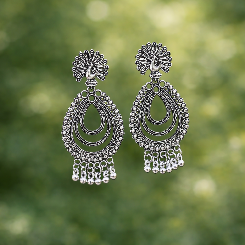 Elegant Peacock Inspired Silver Finish Jhumka Earings
