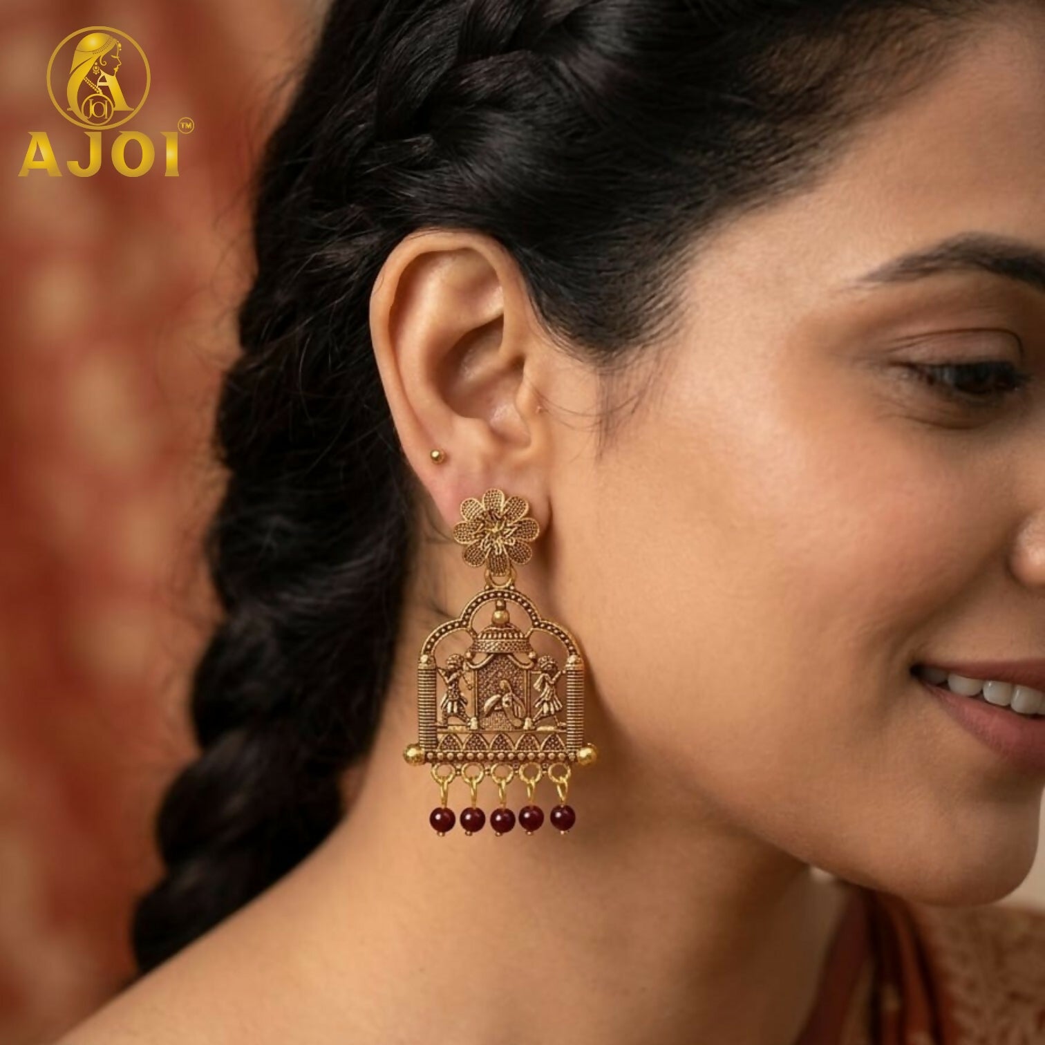 Antique Temple Doli Earrings with Maroon Pearl Drops