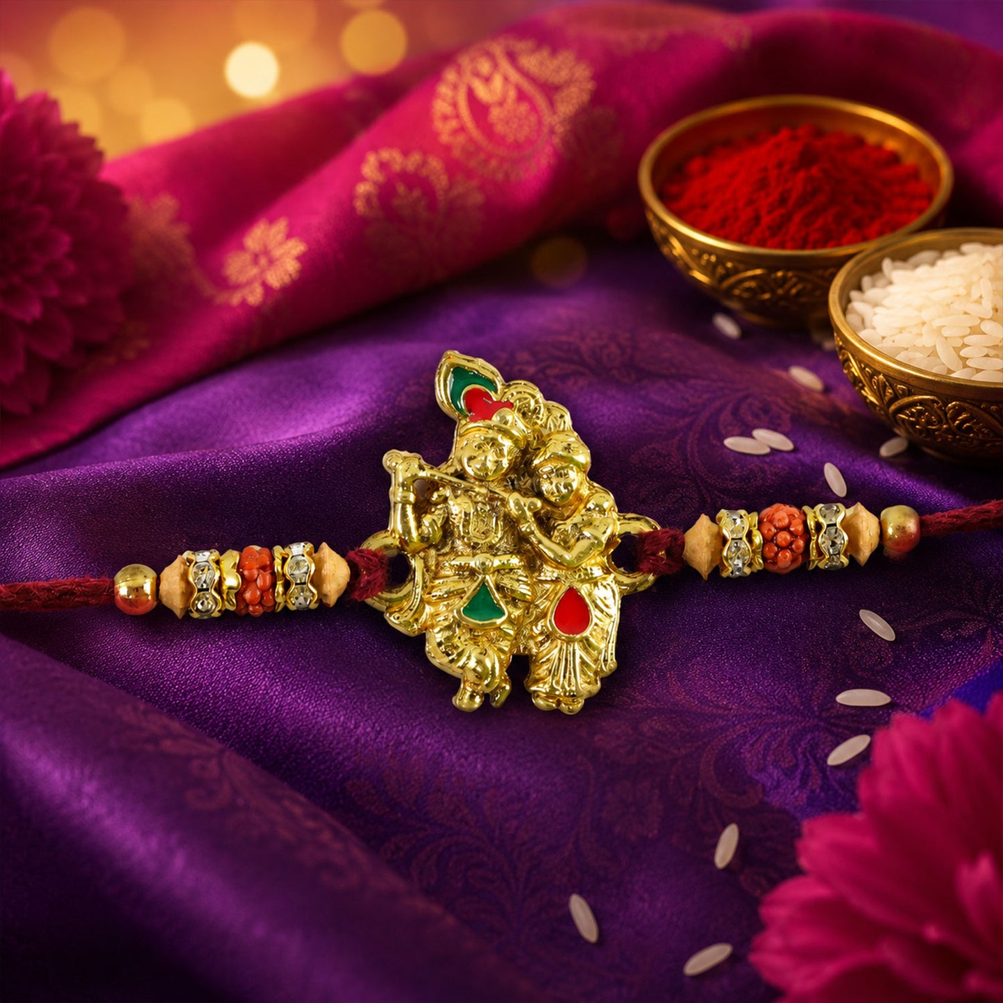 Radha Krishna Golden Devotional Rakhi with Couple Idol Centre and Color Stones