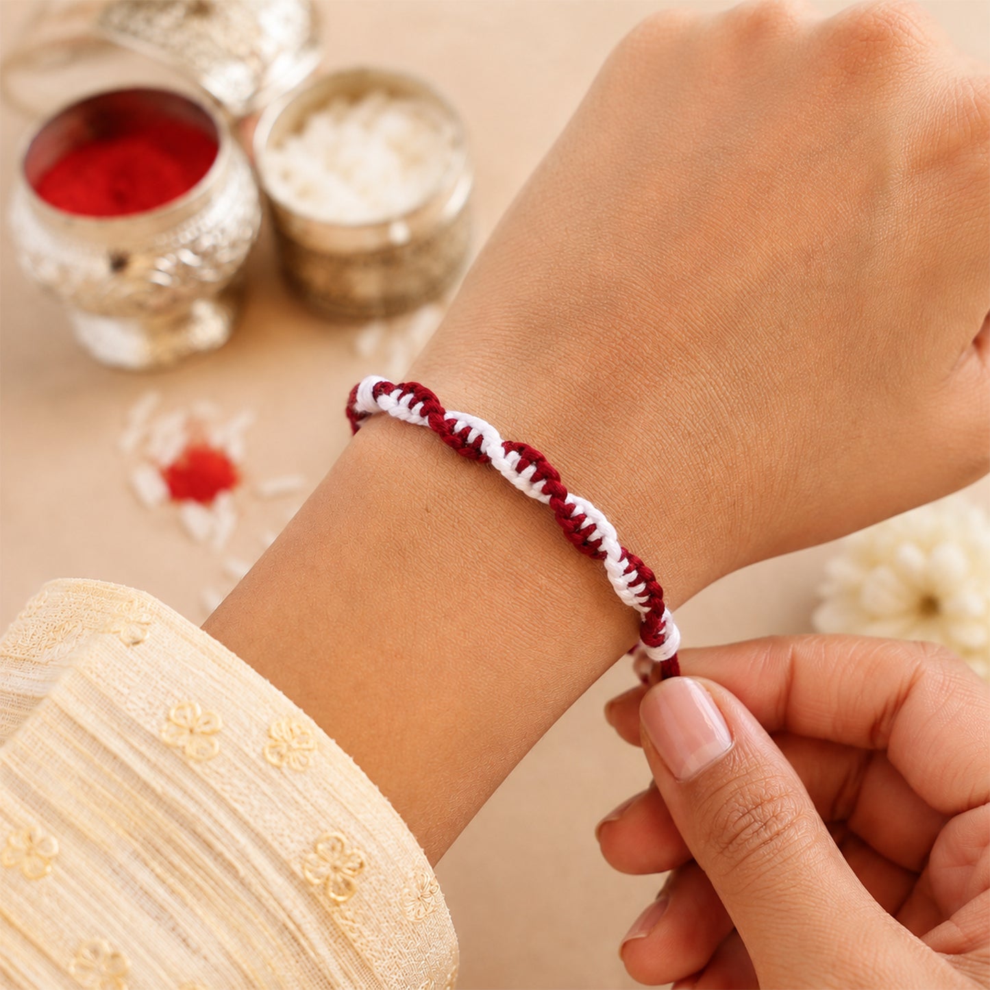 Maroon-White Twisted Cord Rakhi with Simple Beadless Design