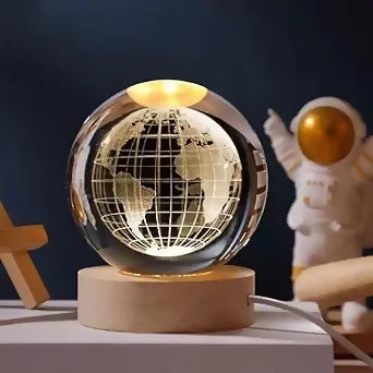 3D Earth globe LED night lamp with crystal ball on wooden base