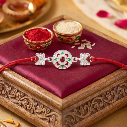 Silver Decorative Rakhi for Boys with Red and Green Accents