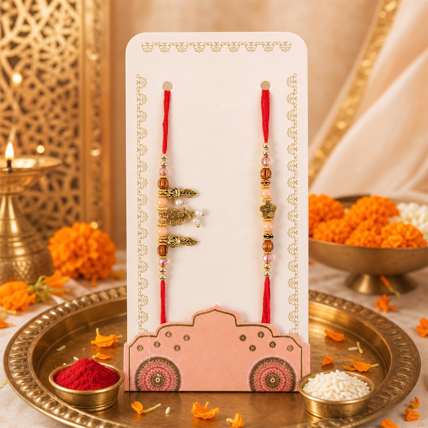 Floral Rose Lumba Couple Rakhi Set with Peach and Wooden Beads for Bhaiya Bhabhi
