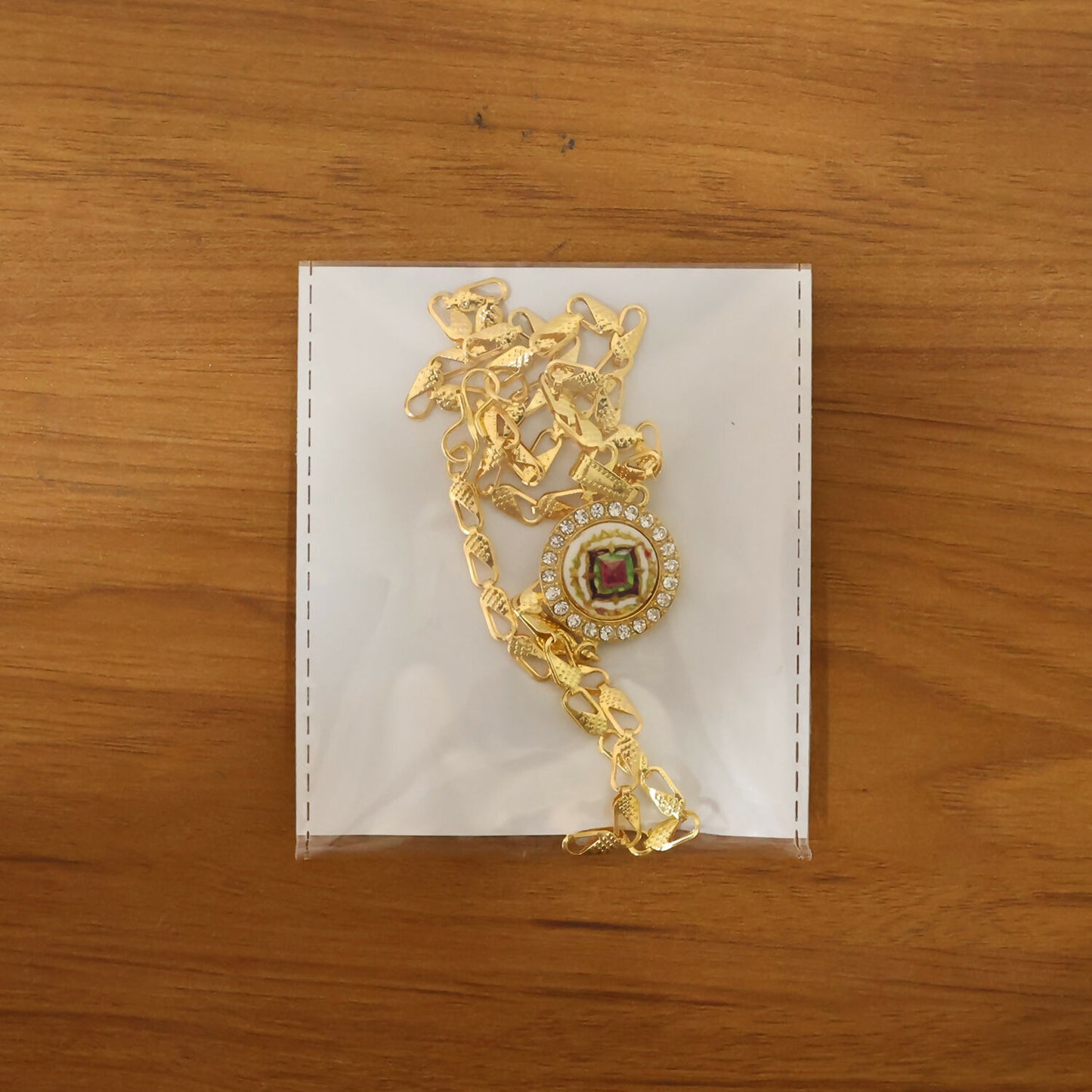 Gold Pendant Necklace with Colorful Mandala & Stone Border