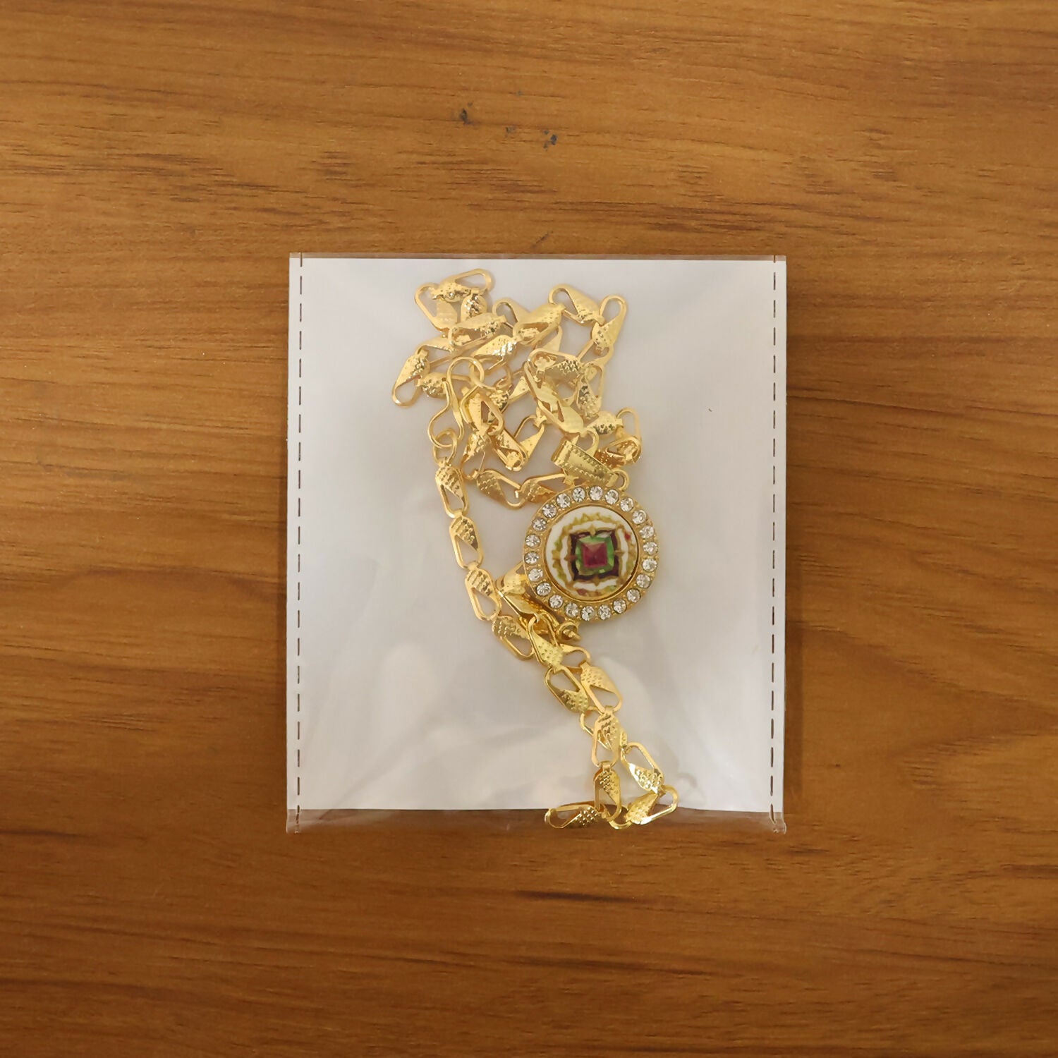 Gold Pendant Necklace with Colorful Mandala & Stone Border