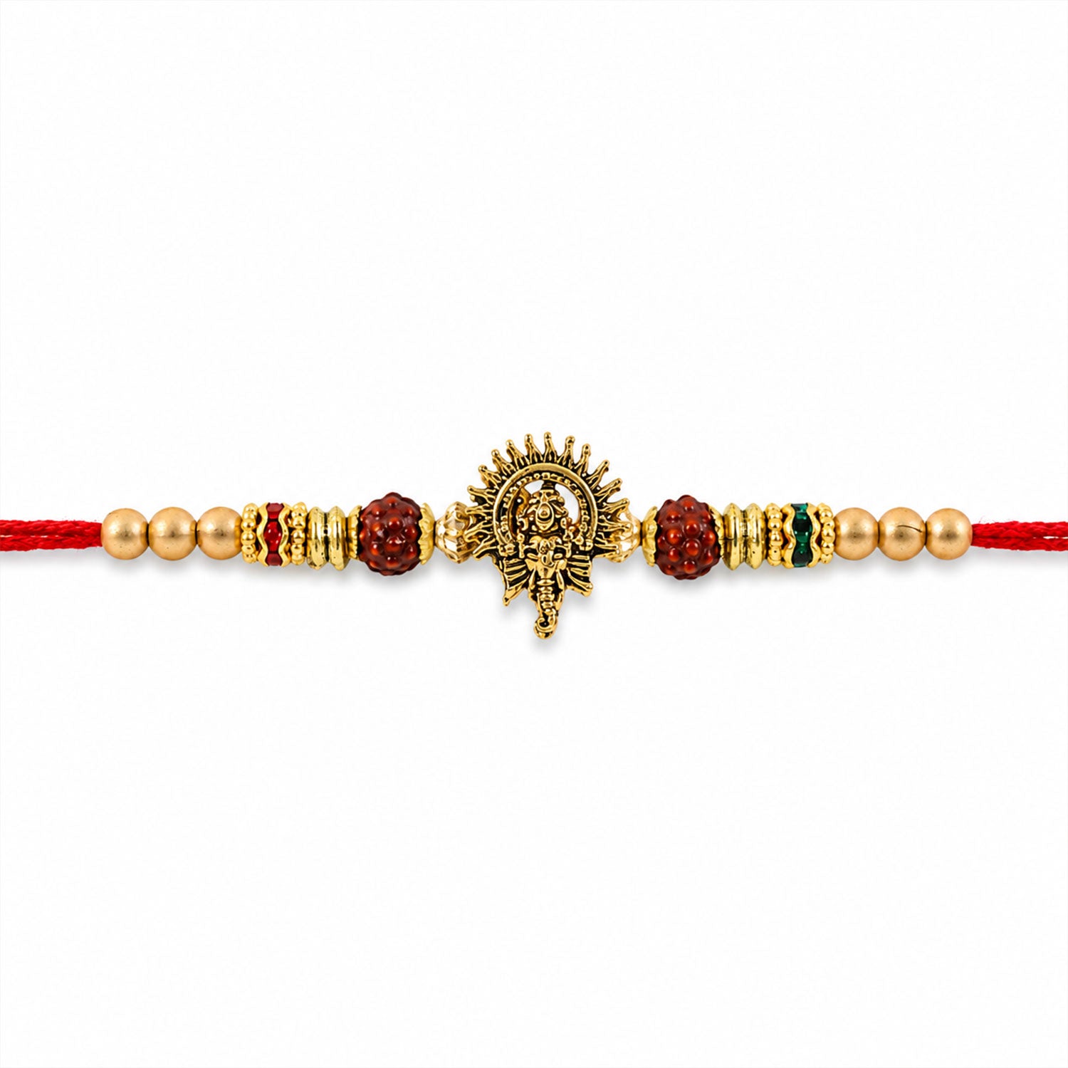 Ganesh Ji Antique Golden Devotional Rakhi with Red Beads and Pearl-Style Accents
