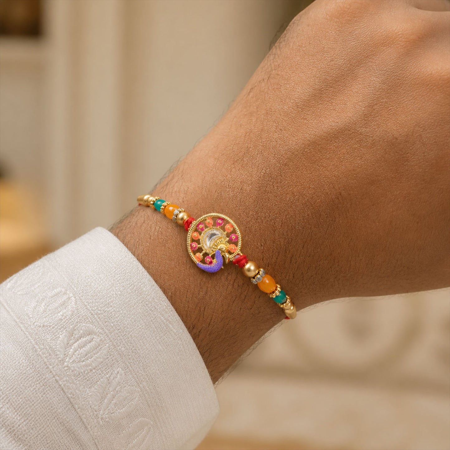 Traditional Rakhi with Round Sacred Medallion, gold trims and chain look for Gift Use