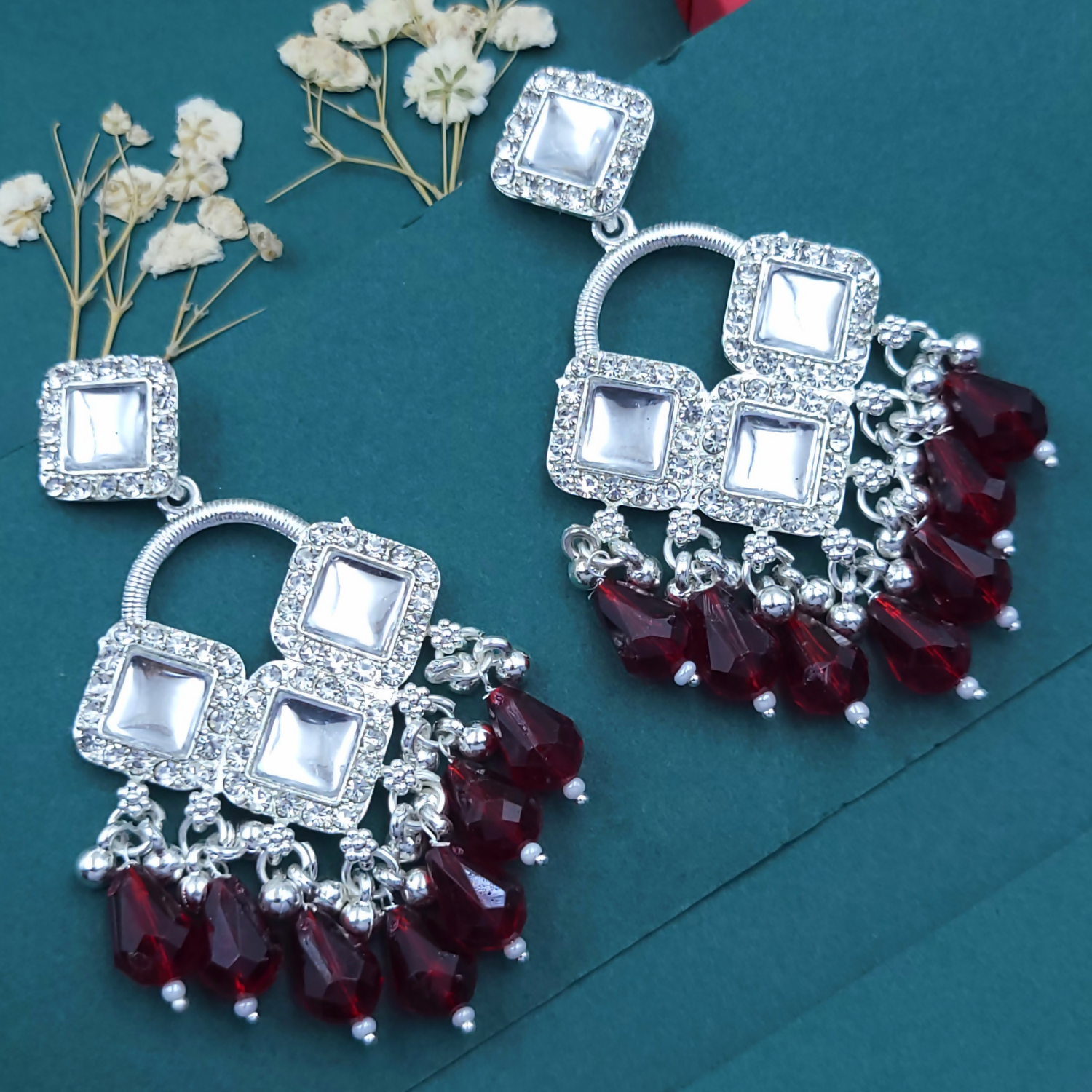 Elegant Silver Plated Chandelier Earrings Featuring Square Crystals and Maroon Teardrop Beads
