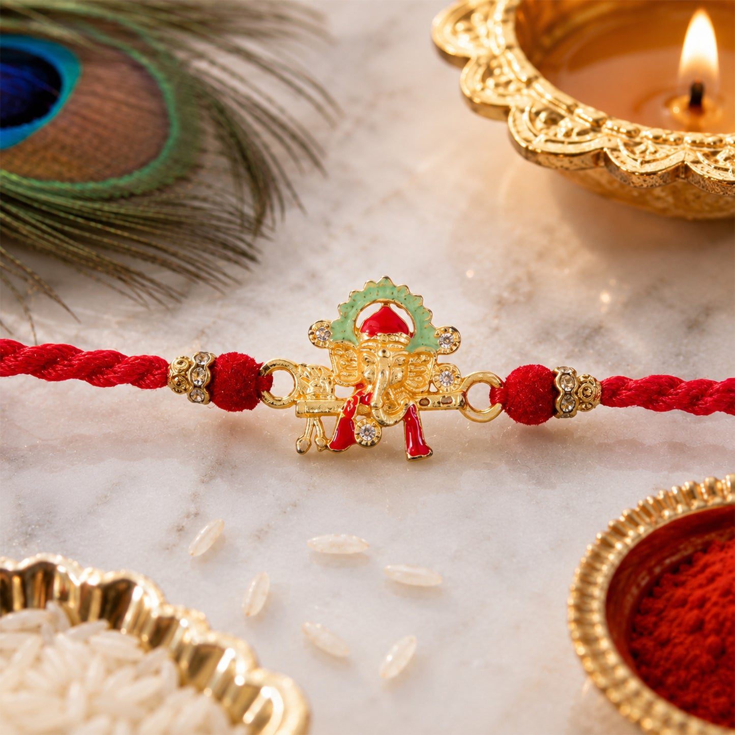 Auspicious Lord Ganesha Rudraksha Designer Meenakari Rakhi for Brother