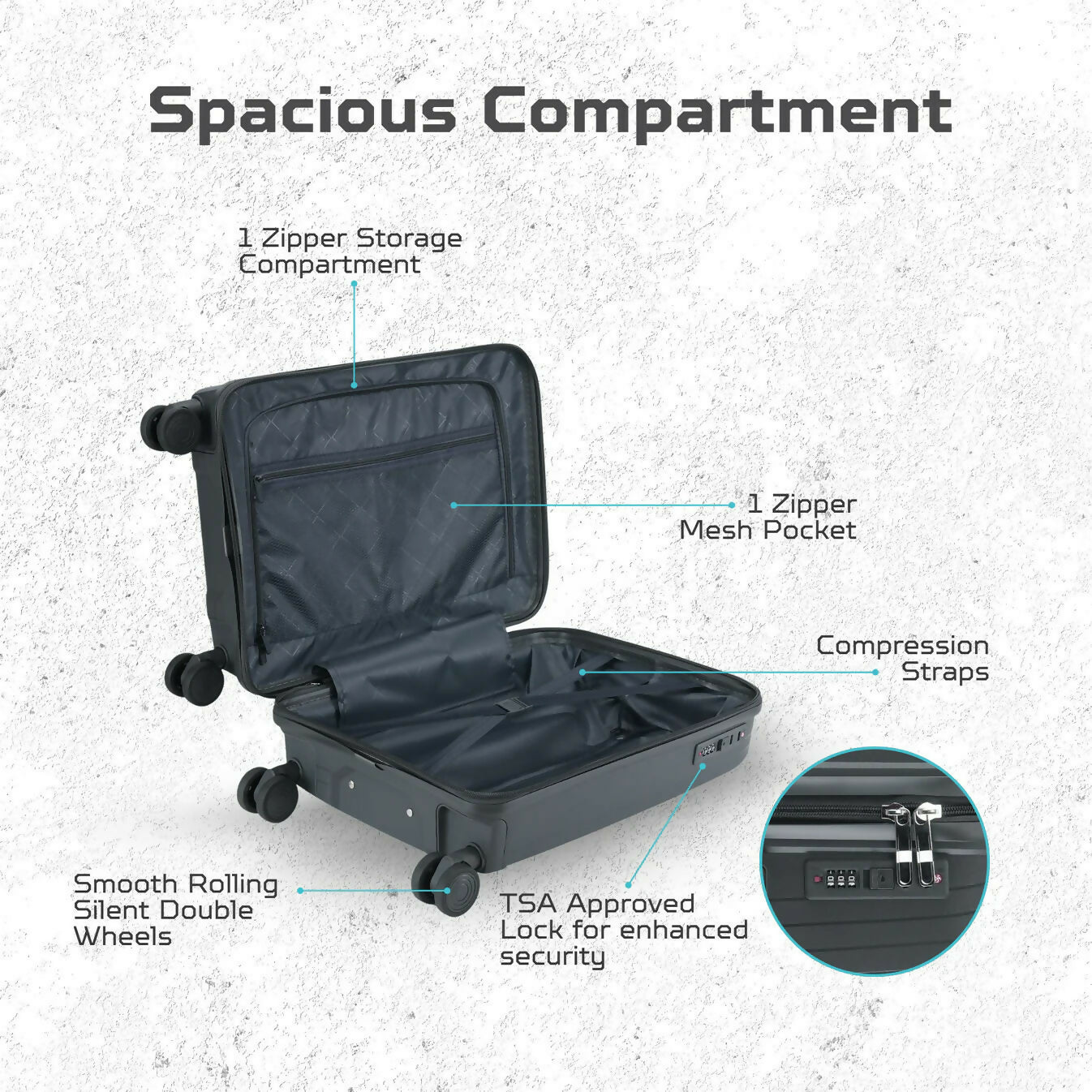Close-up of built-in number lock on 28-Inch hard shell luggage for extra security