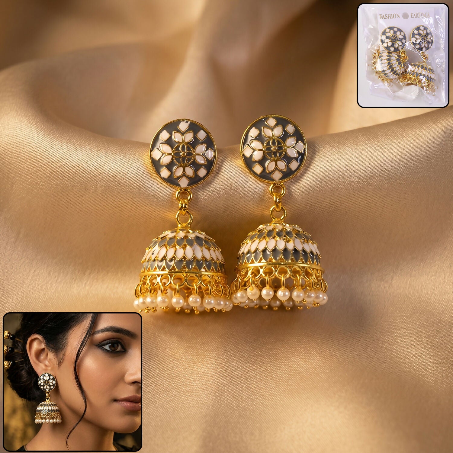 Grey Layered Chandbali Earrings with Pearl Drops for Women