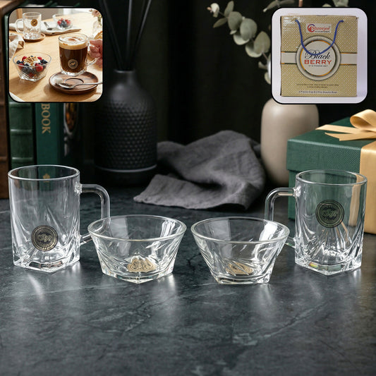 Black Berry 4-Piece Glassware Gift Set - 2 Elegant Coffee Mugs & 2 Crystal Snacks Bowls | Premium Transparent Crockery Set for Home & Gifting