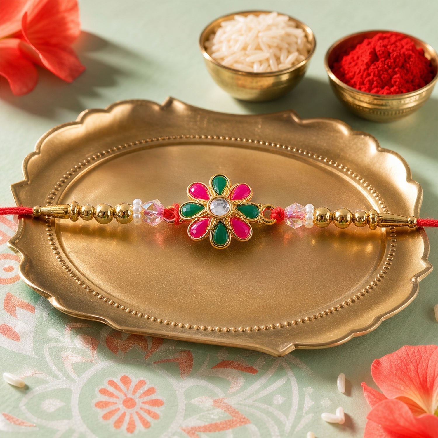 Radiant Floral Rakhi Adorned with Pink-Green Stones, Pearls and Gold-Tone Beads (5pcs)
