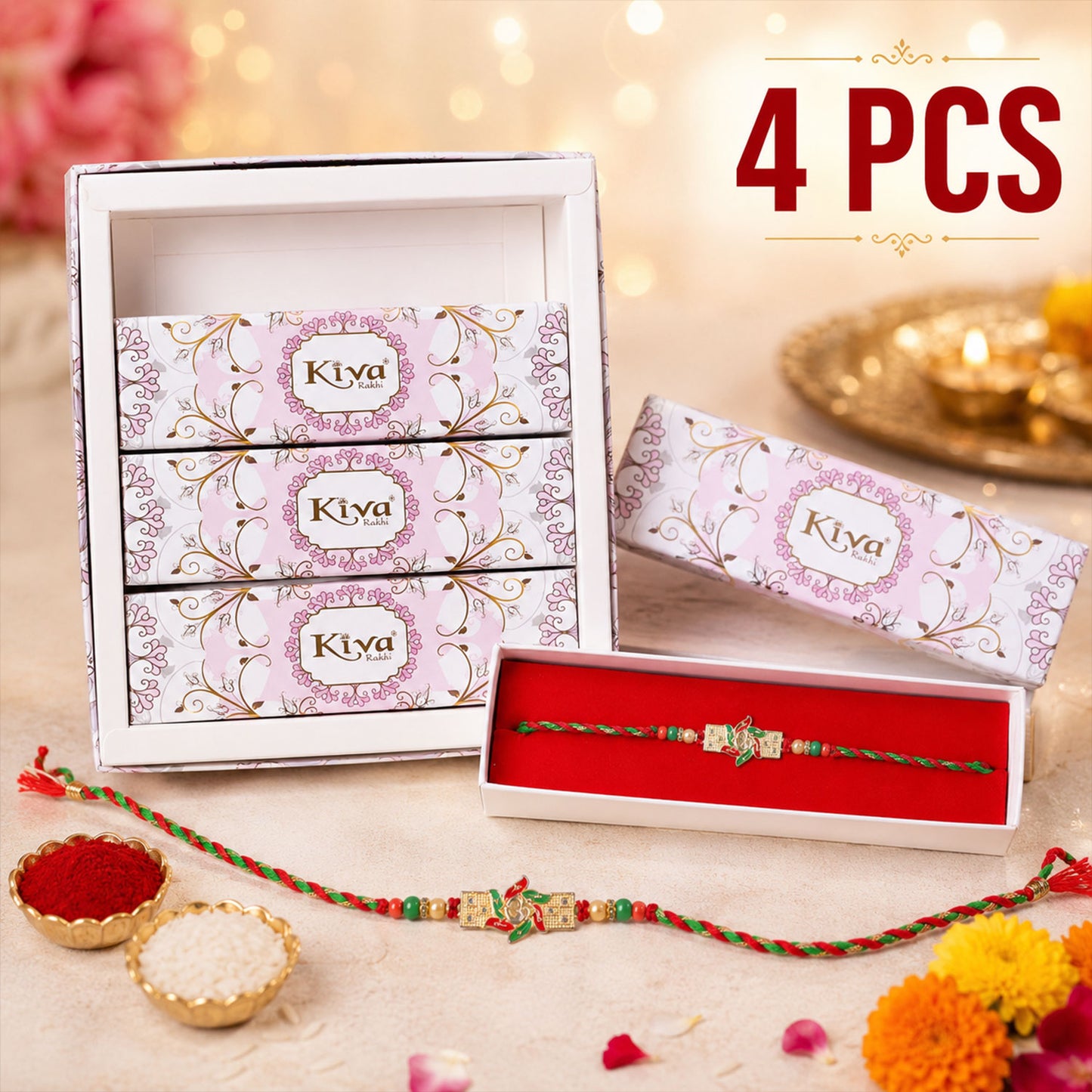 Festive Red & Green Meenakari Pinwheel AD Stone Rakhi for Brother Gift