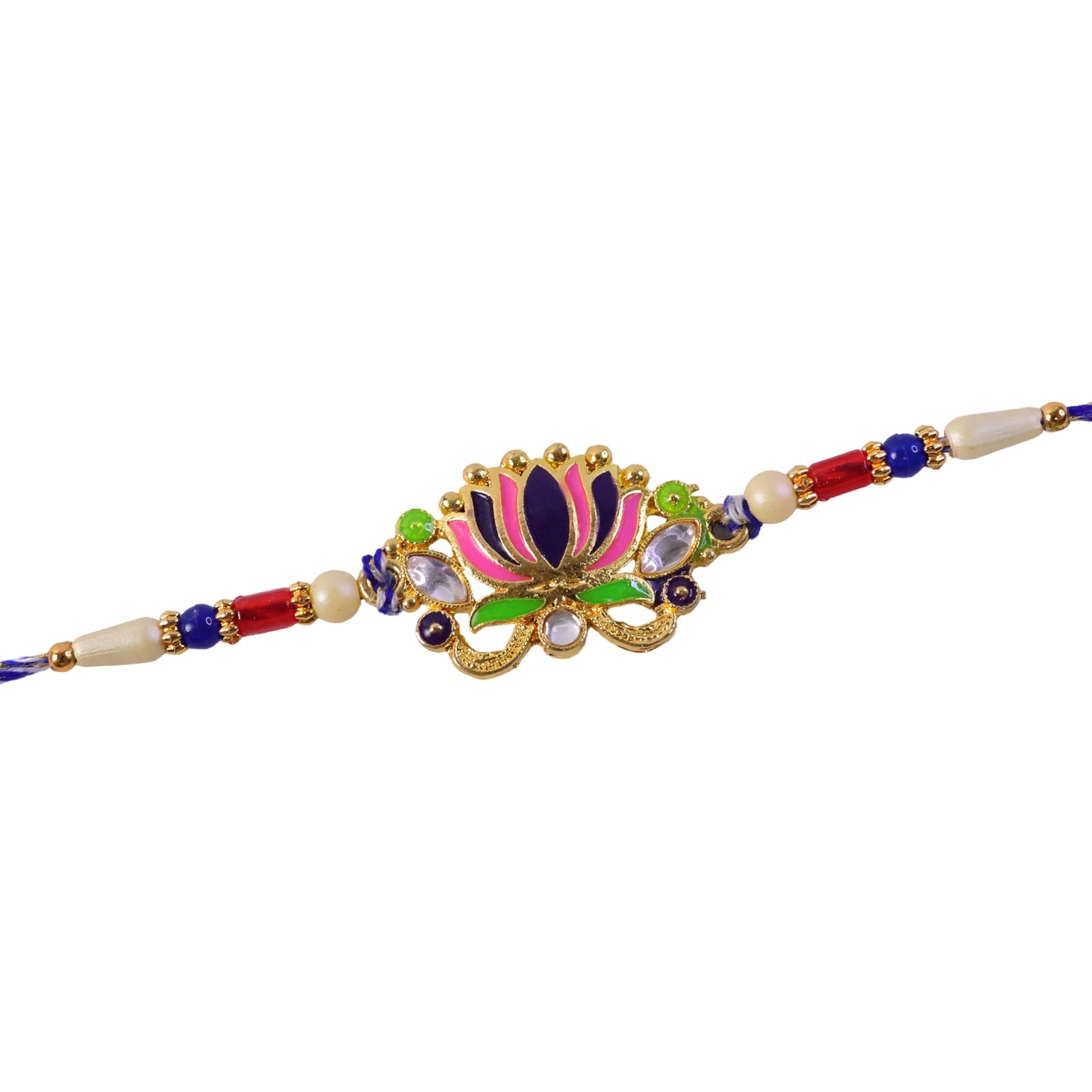 Lotus Flower Enamel Pendant Rakhi with Navy Pearl Beads