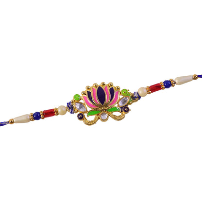 Lotus Flower Enamel Pendant Rakhi with Navy Pearl Beads