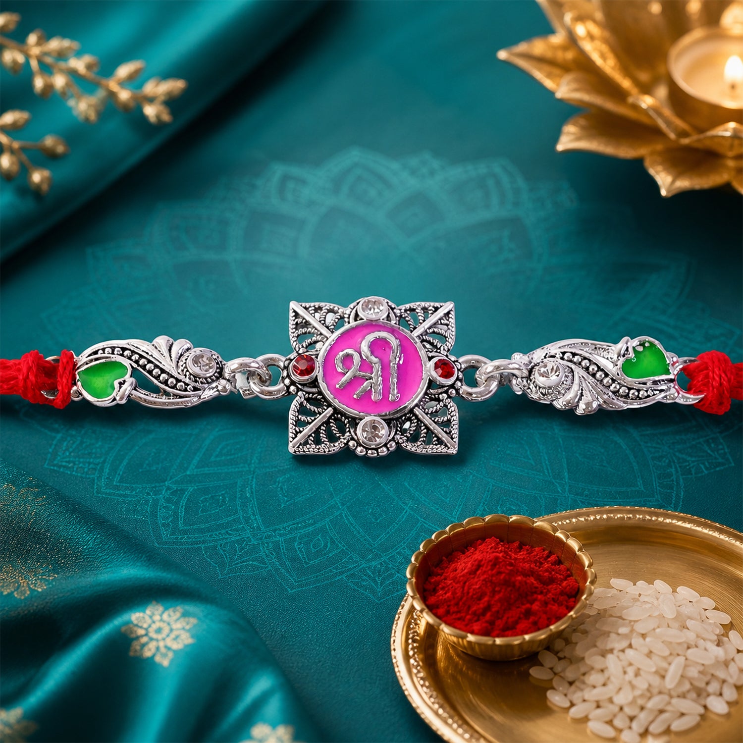 Silver-Toned Shree Rakhi with Pink Enamel, Crystal Accents & Designer Red Thread