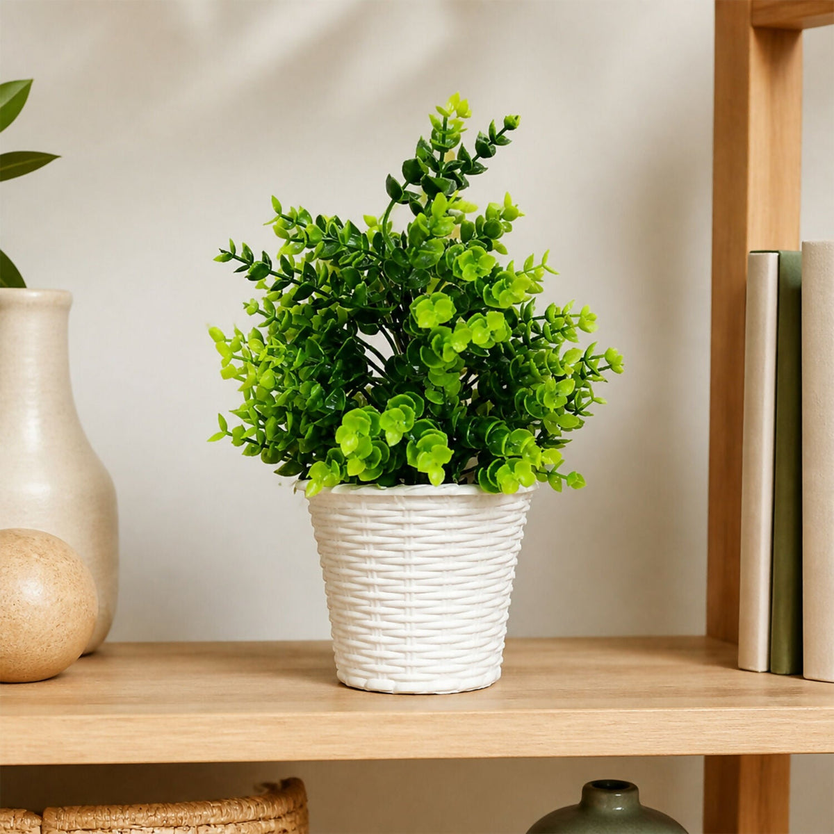 Artificial Green Leaf Plant Decorative White Pot Home Office Table Centerpiece Decor