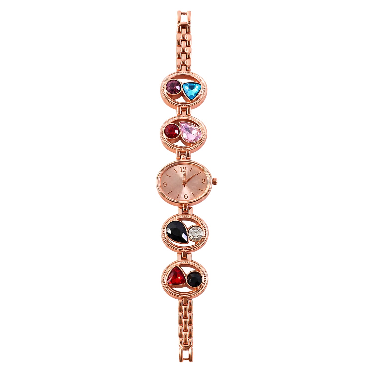 Top-down view of the rose gold bracelet watch, highlighting its design.