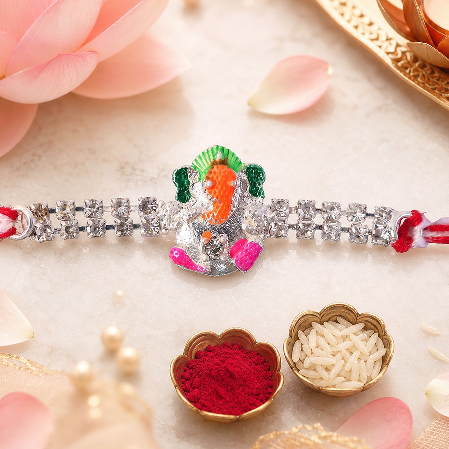 Elegant Rakhi featuring Ganesha Charm, crystal accents and thread style for Gift Use