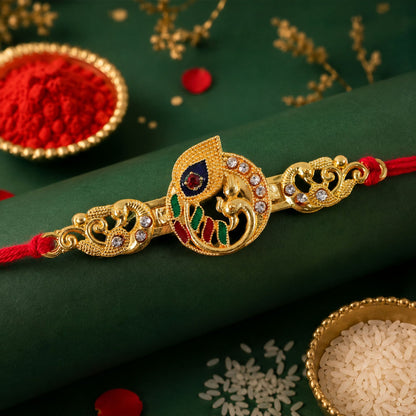 Krishna Flute Rakhi Golden Enamel Red Thread for Raksha Bandhan (10pcs)