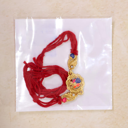 Gold-Toned Radha Krishna Rakhi with Multicolor Enamel, Crystal Accents & Red Thread