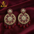 Royal Ruby Floral Chandelier Earrings with Intricate Golden Filigree & Drop Beads