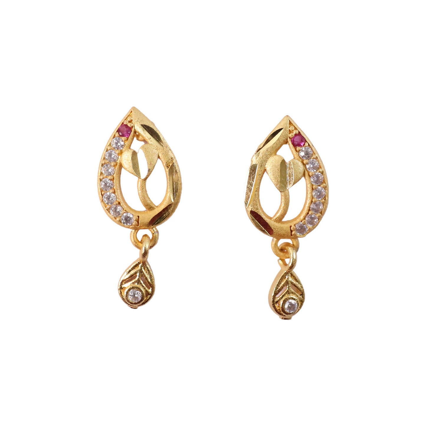Ruby Blossom Teardrop Leaf Drop Gold and Stone Earrings