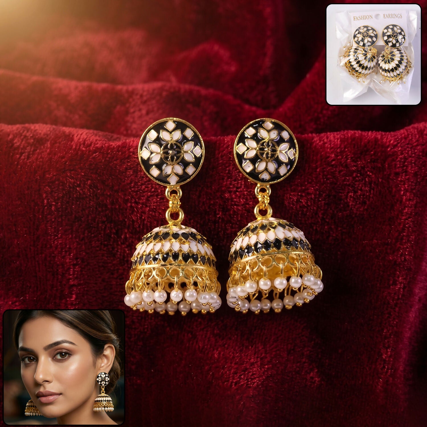 Black Round Stud Jhumka Earrings with Pearl Beads for Women