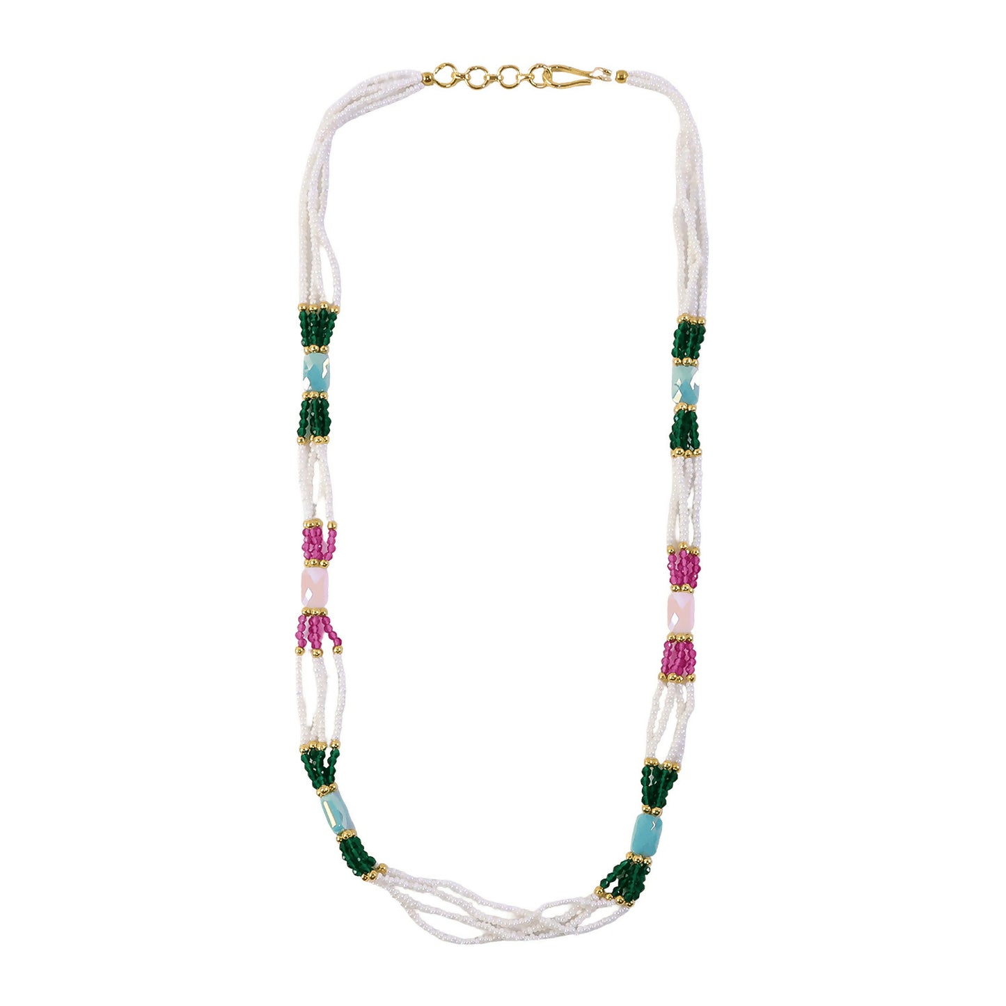 Elegant beaded mala necklace worn on neck