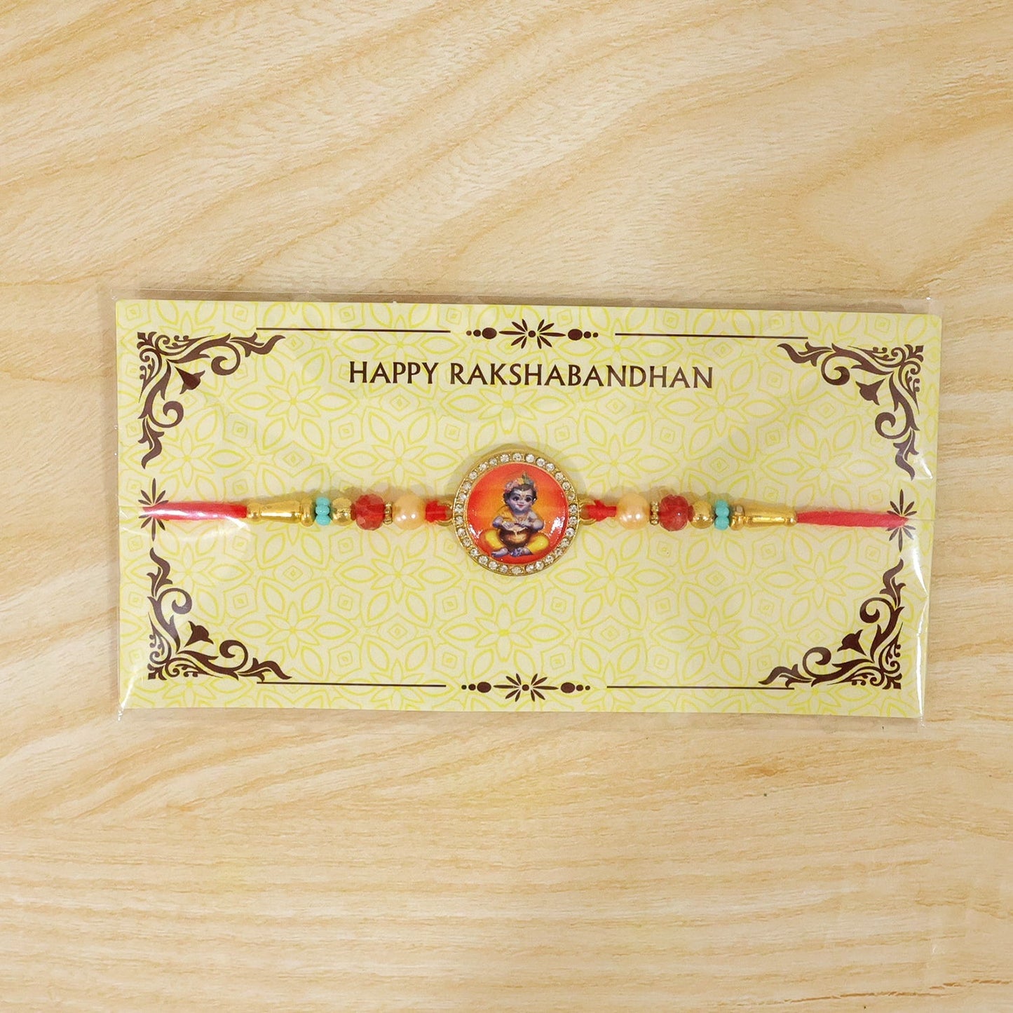 Bal Krishna Photo Round Beaded Traditional Rakhi for Brother (5pcs)