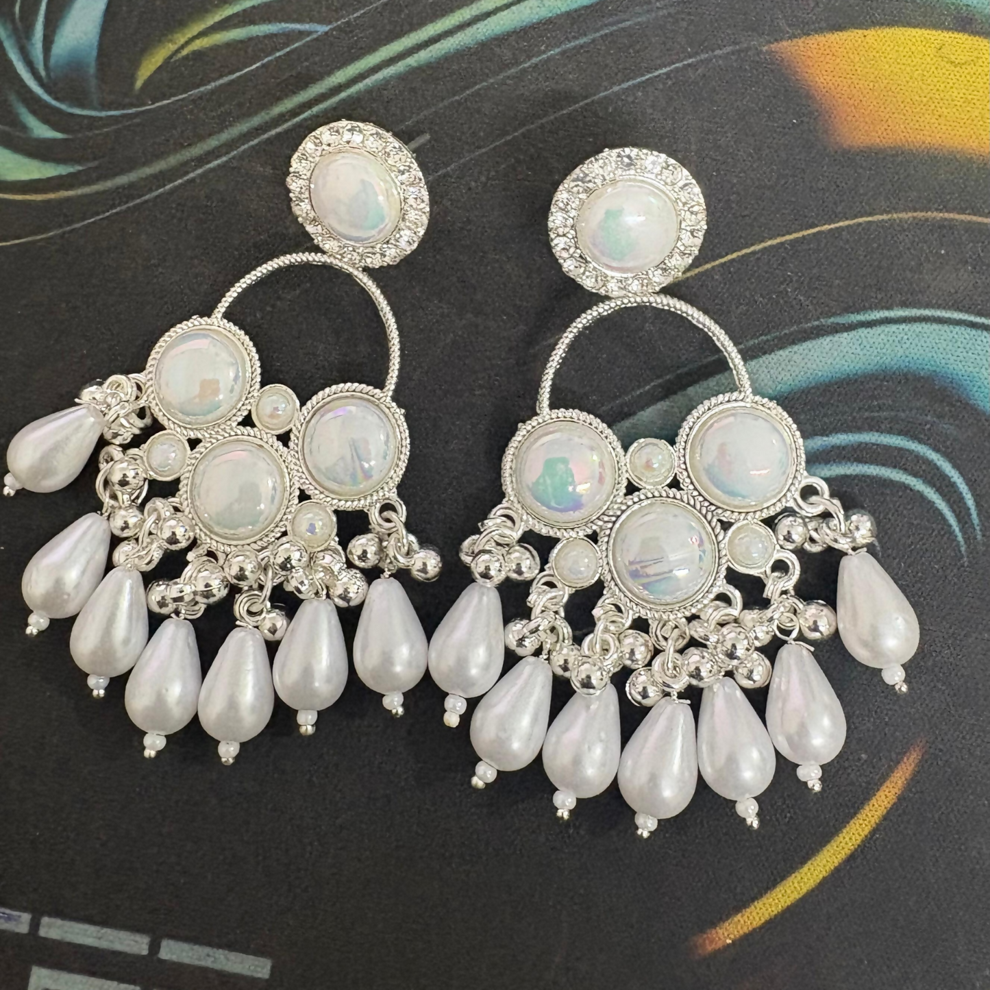 Kundan White Pearl Silver Plated Chandbali Earrings Agate Alloy Chandbali Earring