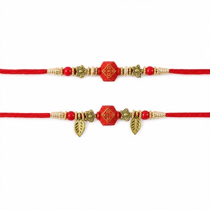 Couple Rakhi with Red Hexagon Charm, Gold Beads and Leaf Accents