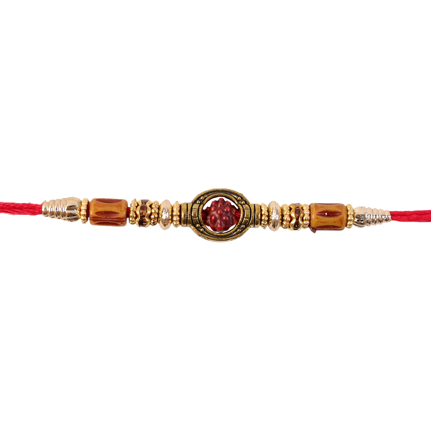 Red Thread Rakhi with Amber Beads and Antique Gold Oval Charm