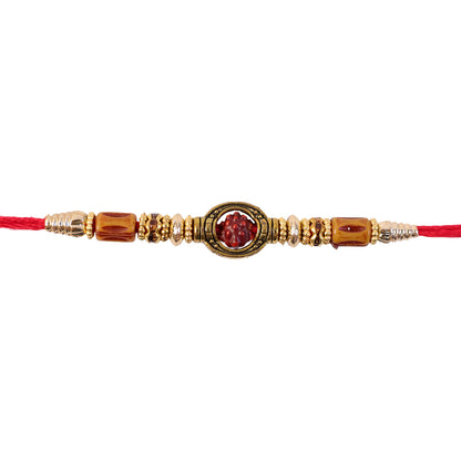 Red Thread Rakhi with Amber Beads and Antique Gold Oval Charm