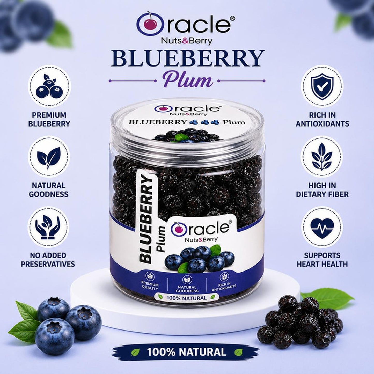 Dried blueberry plums in a transparent bag for snacking