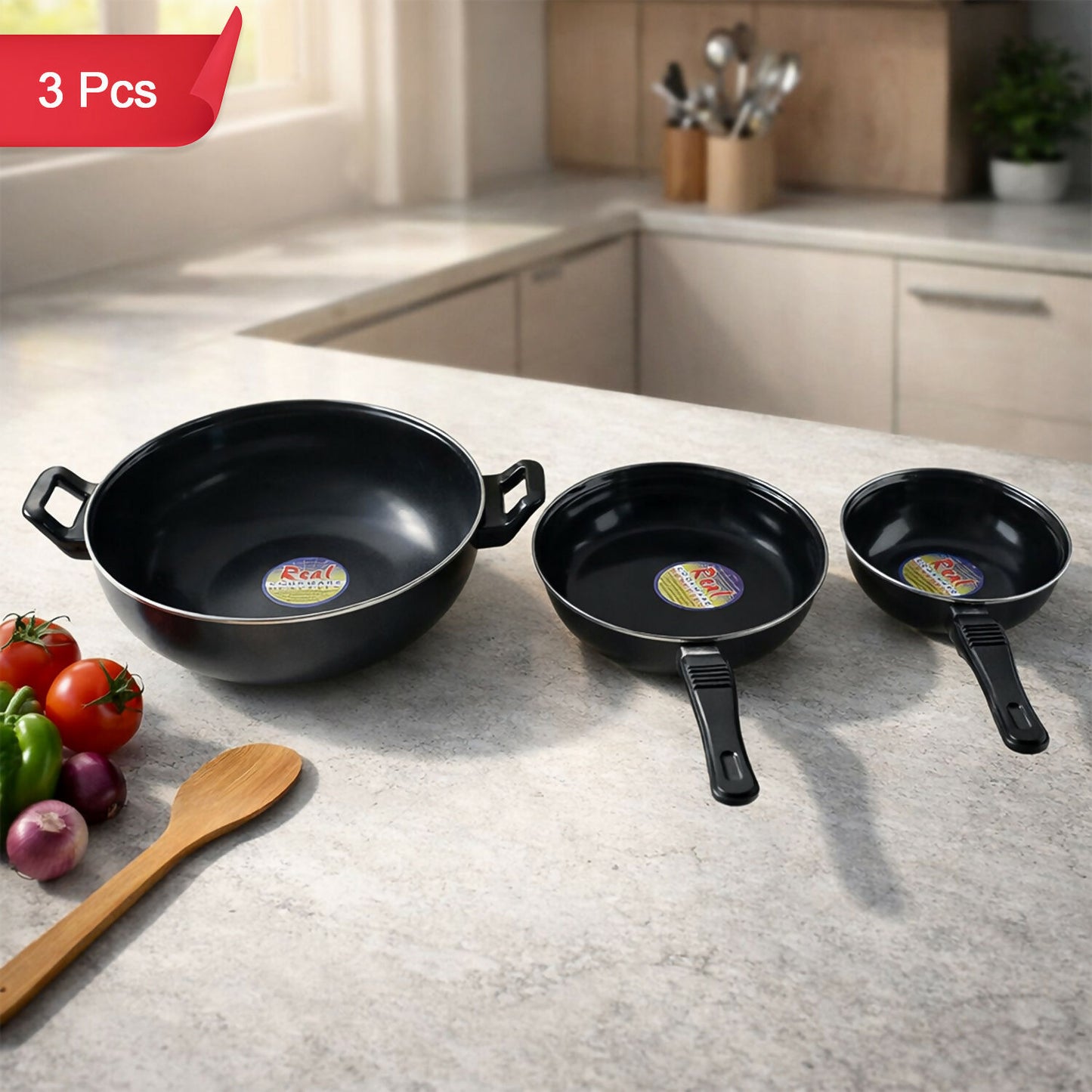 Hard Anodized Cookware Set Kadhai Fry Pan Tadka Pan Heavy Duty Kitchen Set (3 Pc)