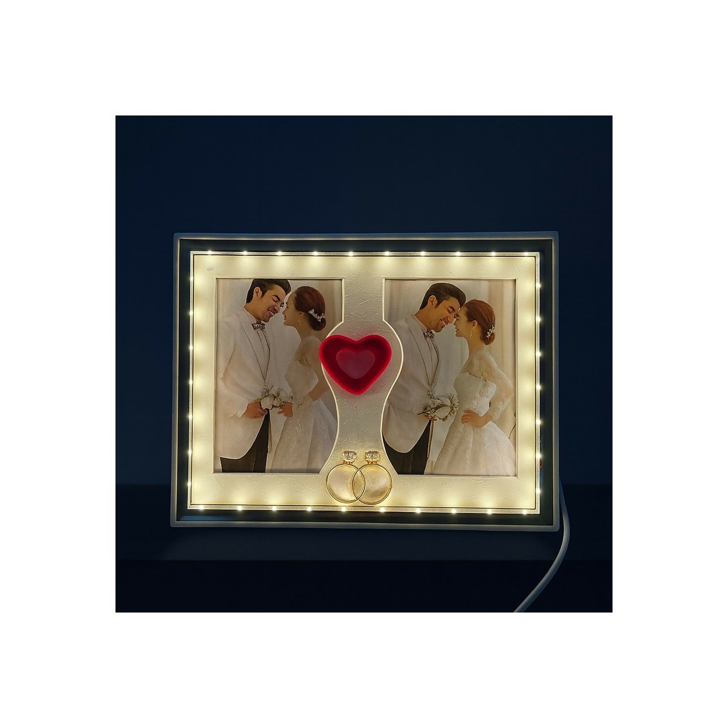 Romantic LED Light Wedding Photo Frame for Couple | Dual Photo Display Frame with Heart Centerpiece & Golden Rings | Anniversary, Valentine, Marriage, Bedroom Decoration Gift | USB Powered Elegant Love Photo Frame for Home Décor