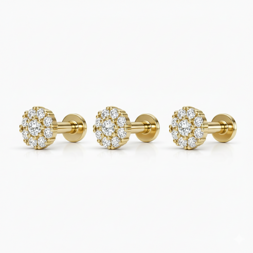 Side view of gold pleated AD cluster flat back stud earrings highlighting smooth backing